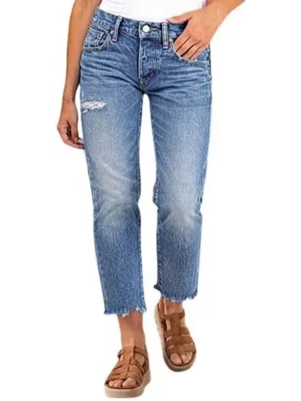 Flamingals Raw Hem Ripped Mid Rise Straight Leg Crop Distressed Jeans Blue XL